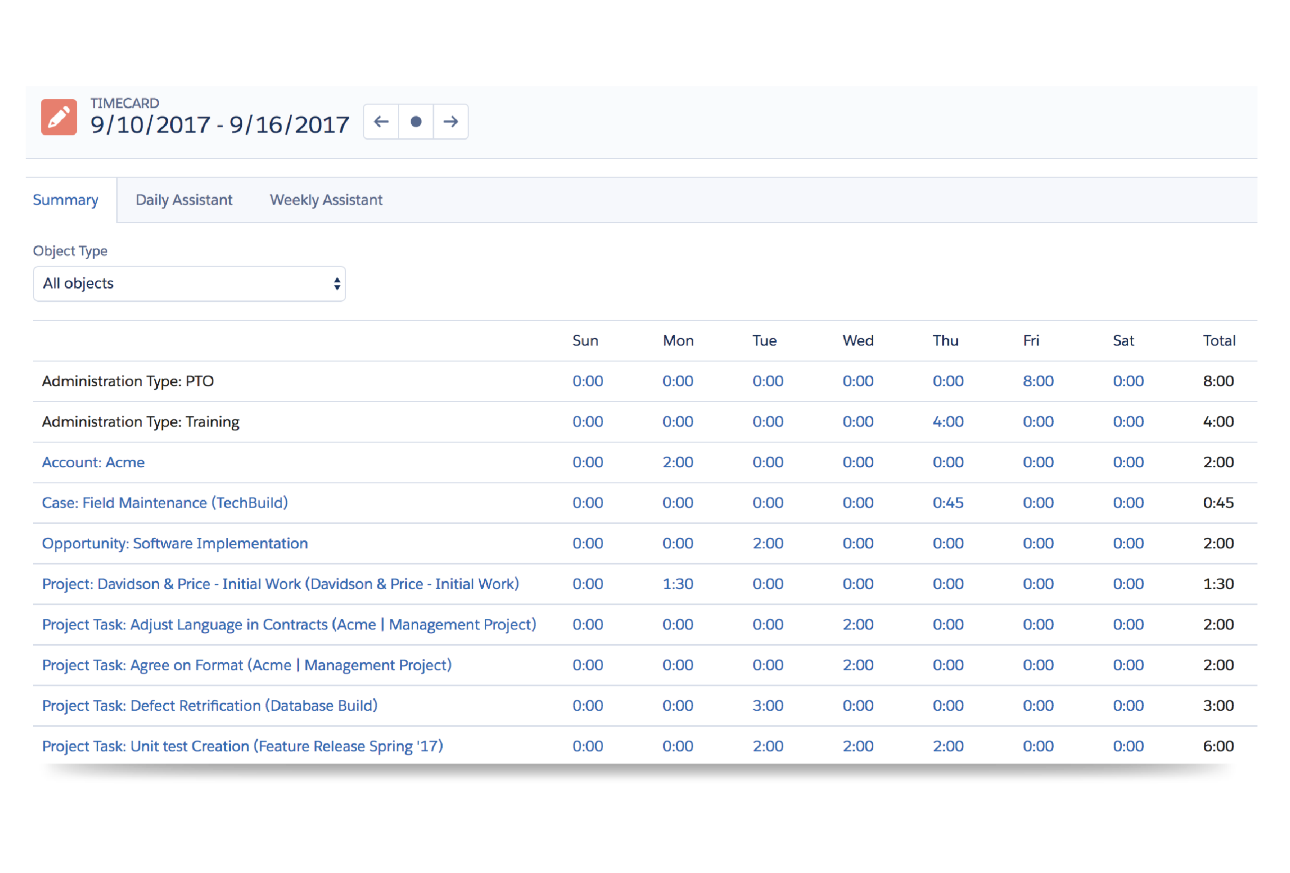 Time entry weekly summary